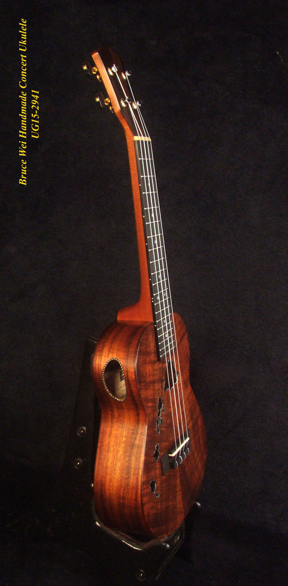 Handcrafted Concert Ukulele, Solid Curly Hawaiian Koa, The Islands Soundhole, Abalone inlay, Soft-bag, Bruce Wei UG15-2941