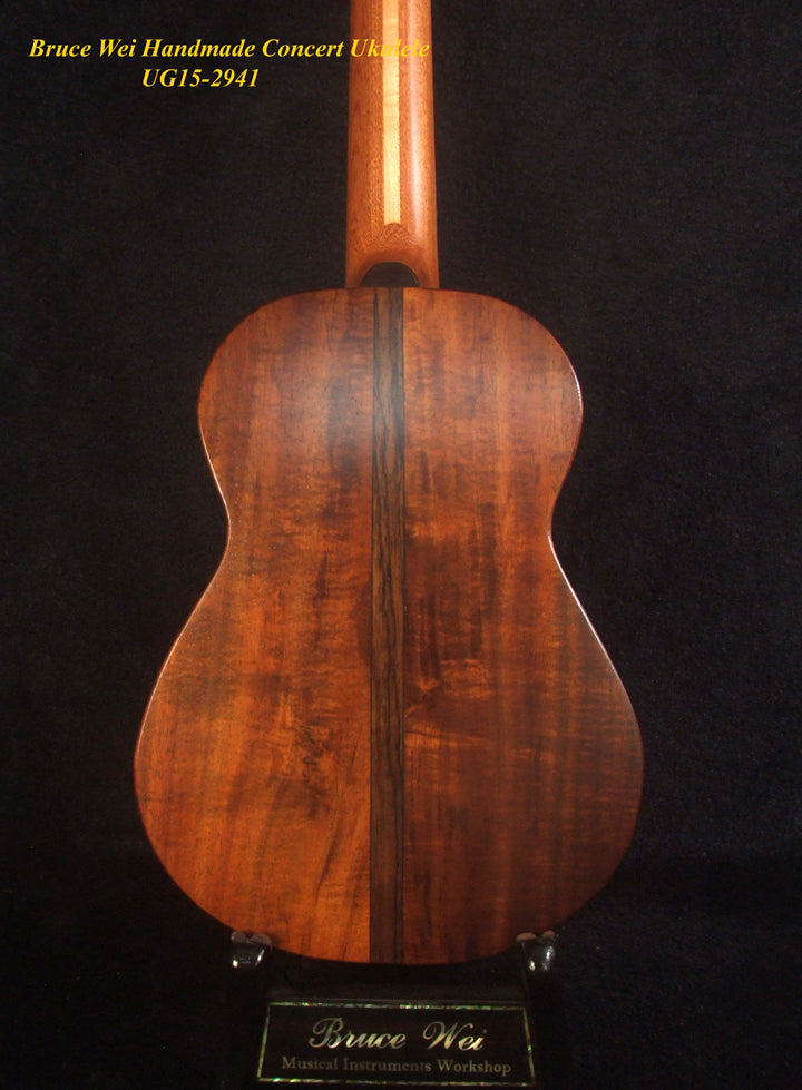 Handcrafted Concert Ukulele, Solid Curly Hawaiian Koa, The Islands Soundhole, Abalone inlay, Soft-bag, Bruce Wei UG15-2941