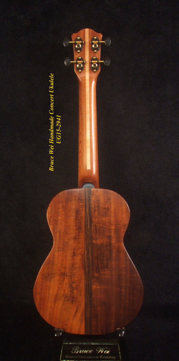 Handcrafted Concert Ukulele, Solid Curly Hawaiian Koa, The Islands Soundhole, Abalone inlay, Soft-bag, Bruce Wei UG15-2941