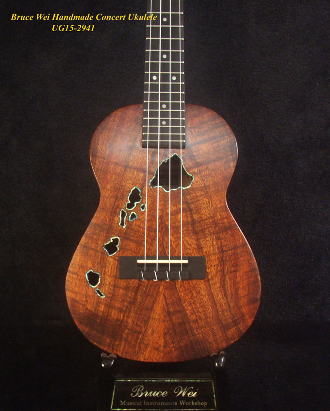 Handcrafted Concert Ukulele, Solid Curly Hawaiian Koa, The Islands Soundhole, Abalone inlay, Soft-bag, Bruce Wei UG15-2941
