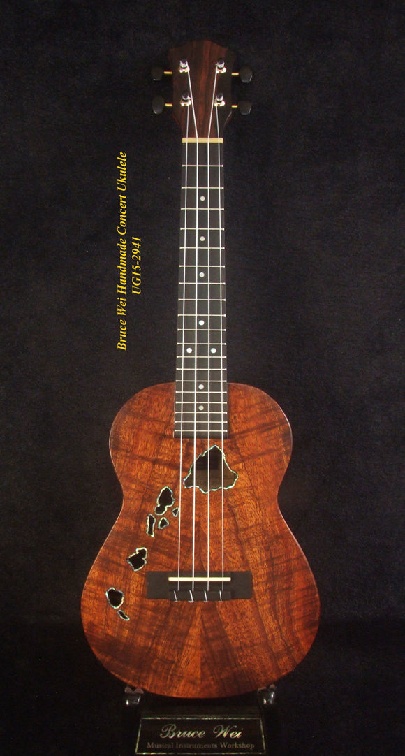 Handcrafted Concert Ukulele, Solid Curly Hawaiian Koa, The Islands Soundhole, Abalone inlay, Soft-bag, Bruce Wei UG15-2941