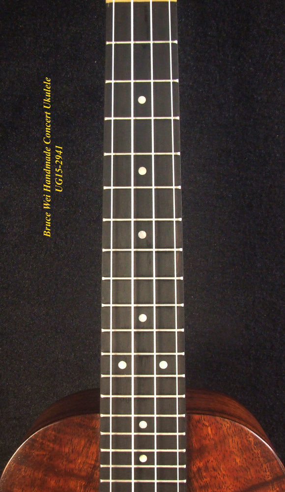 Handcrafted Concert Ukulele, Solid Curly Hawaiian Koa, The Islands Soundhole, Abalone inlay, Soft-bag, Bruce Wei UG15-2941