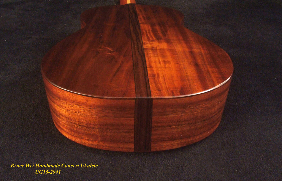 Handcrafted Concert Ukulele, Solid Curly Hawaiian Koa, The Islands Soundhole, Abalone inlay, Soft-bag, Bruce Wei UG15-2941