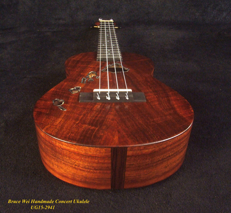 Handcrafted Concert Ukulele, Solid Curly Hawaiian Koa, The Islands Soundhole, Abalone inlay, Soft-bag, Bruce Wei UG15-2941