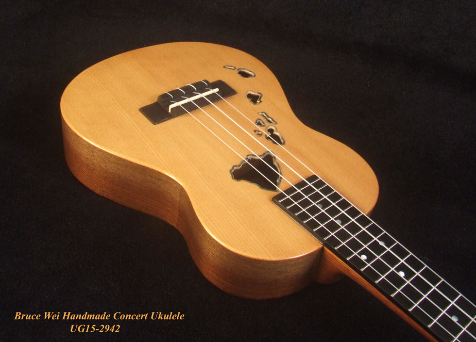 Handcrafted Concert Ukulele, Solid Spruce, Macassar Ebony, The Islands Soundhole, Soft-bag, Bruce Wei UG15-2942