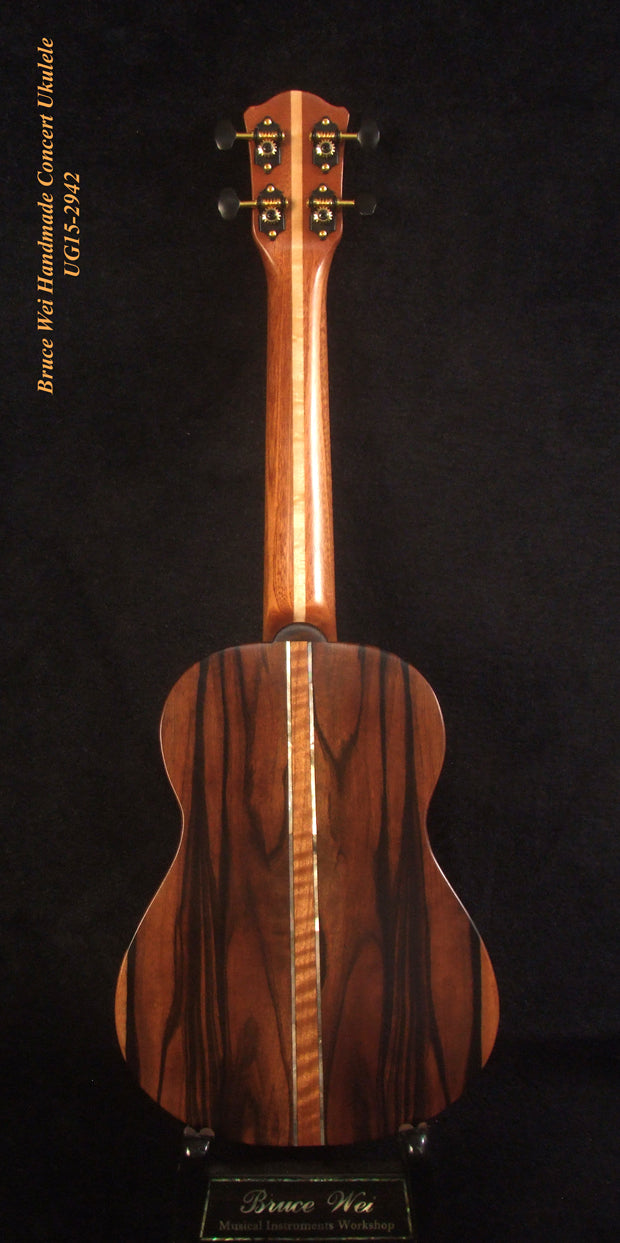Handcrafted Concert Ukulele, Solid Spruce, Macassar Ebony, The Islands Soundhole, Soft-bag, Bruce Wei UG15-2942