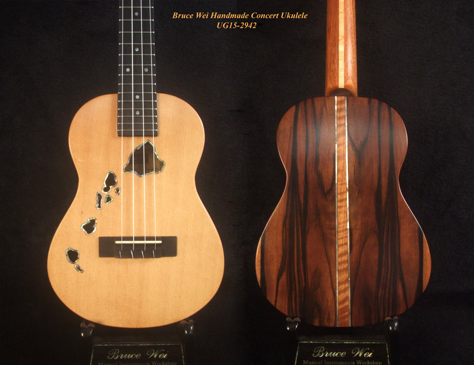 Handcrafted Concert Ukulele, Solid Spruce, Macassar Ebony, The Islands Soundhole, Soft-bag, Bruce Wei UG15-2942