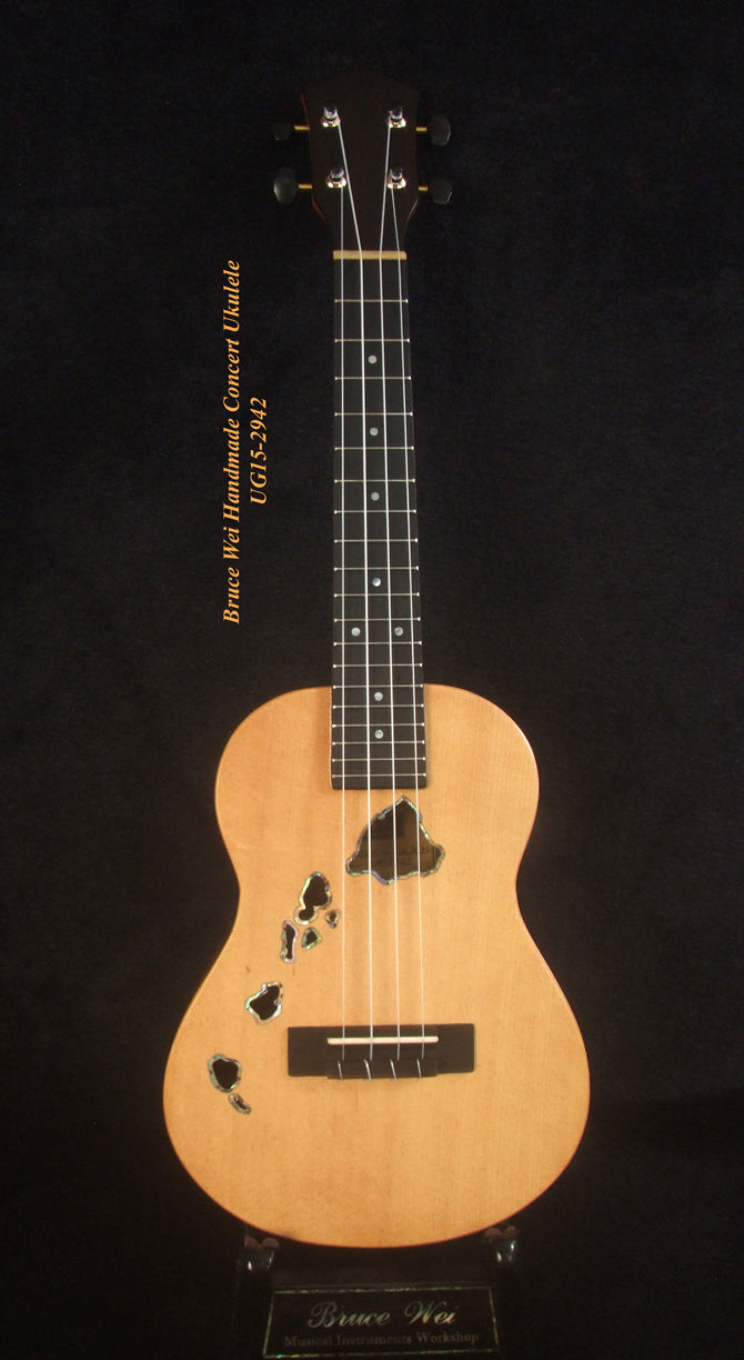 Handcrafted Concert Ukulele, Solid Spruce, Macassar Ebony, The Islands Soundhole, Soft-bag, Bruce Wei UG15-2942