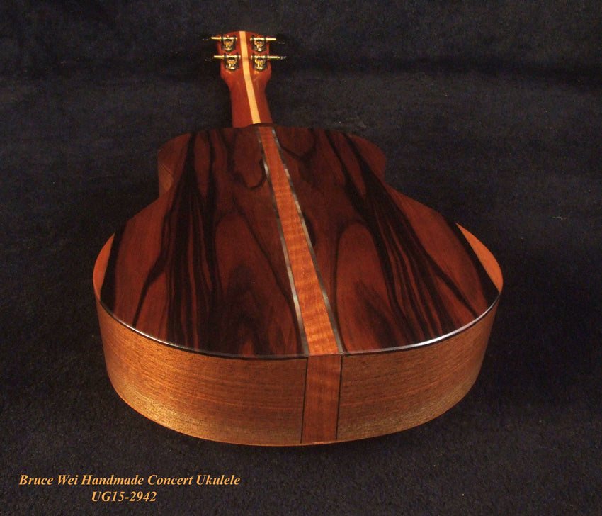Handcrafted Concert Ukulele, Solid Spruce, Macassar Ebony, The Islands Soundhole, Soft-bag, Bruce Wei UG15-2942