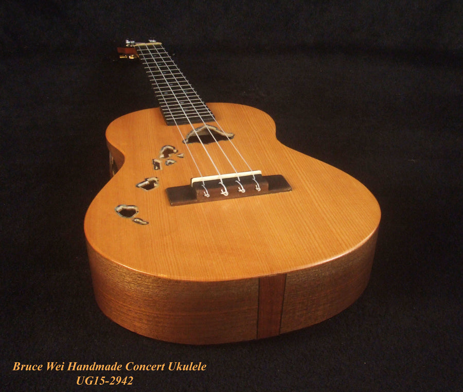 Handcrafted Concert Ukulele, Solid Spruce, Macassar Ebony, The Islands Soundhole, Soft-bag, Bruce Wei UG15-2942