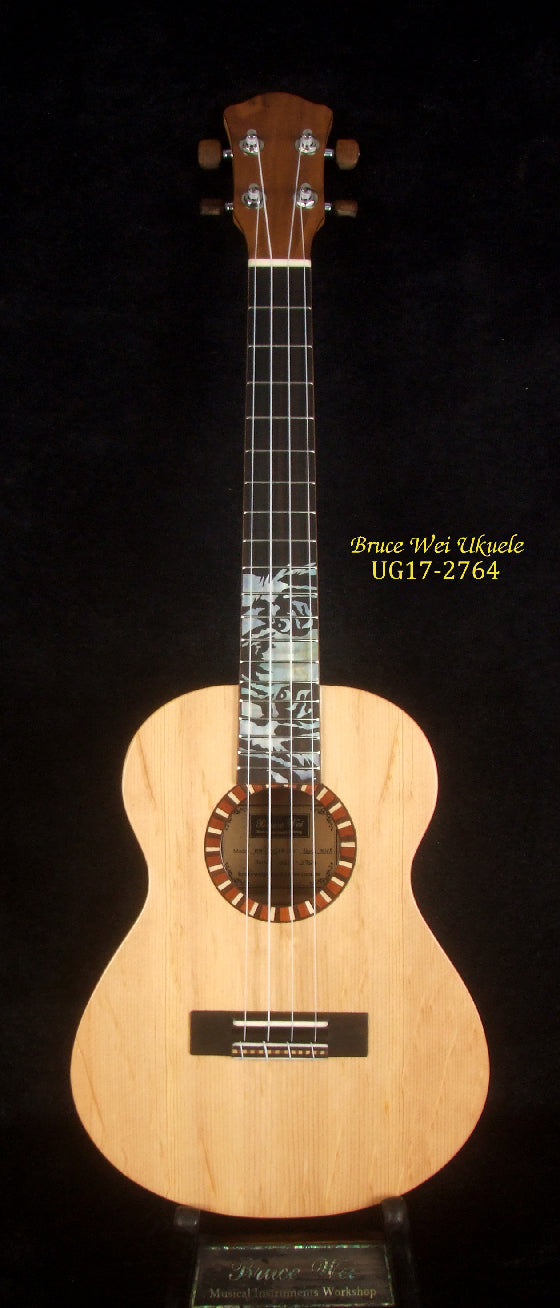 Handmade Tenor Ukulele, Solid Walnut, Bear Claw Spruce Top Tiger Inlay, Soft-bag, Bruce Wei UG17-2764