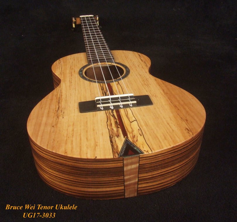 Handmade Tenor Ukulele Solid Splated Maple, Zebra Wood, MOP Inlay, Slotted Head, Soft-bag, Bruce Wei UG17-3033