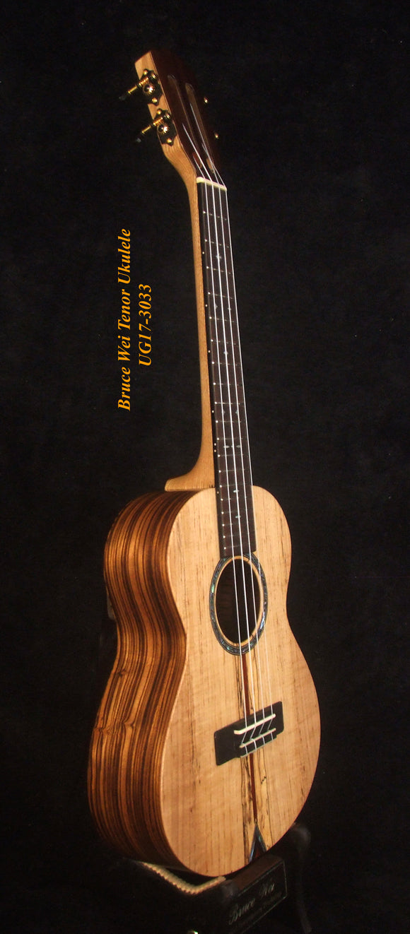 Handmade Tenor Ukulele Solid Splated Maple, Zebra Wood, MOP Inlay, Slotted Head, Soft-bag, Bruce Wei UG17-3033