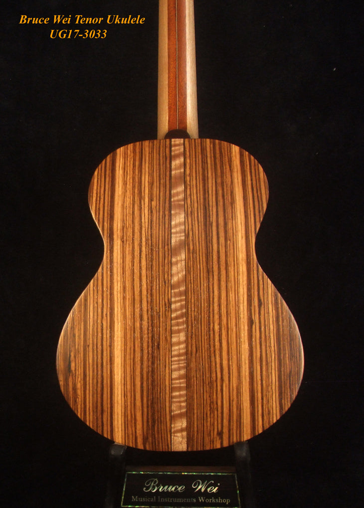 Handmade Tenor Ukulele Solid Splated Maple, Zebra Wood, MOP Inlay, Slotted Head, Soft-bag, Bruce Wei UG17-3033