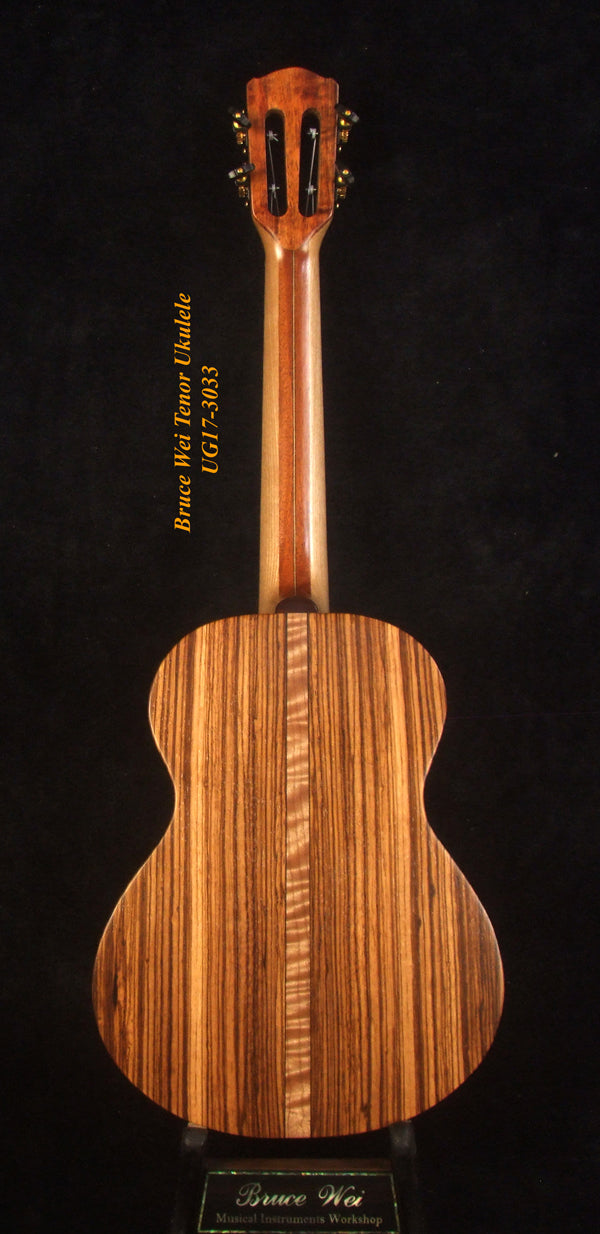 Handmade Tenor Ukulele Solid Splated Maple, Zebra Wood, MOP Inlay, Slotted Head, Soft-bag, Bruce Wei UG17-3033