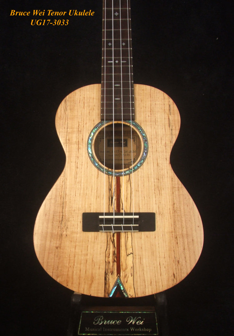 Handmade Tenor Ukulele Solid Splated Maple, Zebra Wood, MOP Inlay, Slotted Head, Soft-bag, Bruce Wei UG17-3033