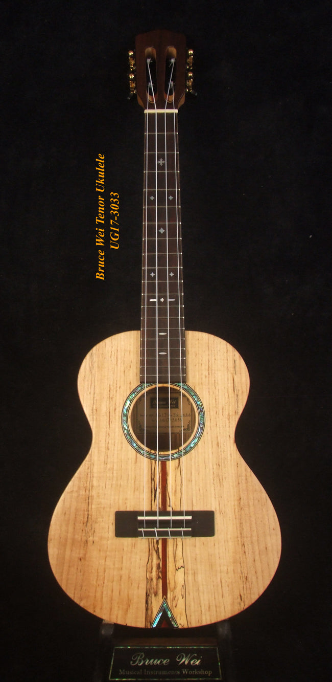 Handmade Tenor Ukulele Solid Splated Maple, Zebra Wood, MOP Inlay, Slotted Head, Soft-bag, Bruce Wei UG17-3033
