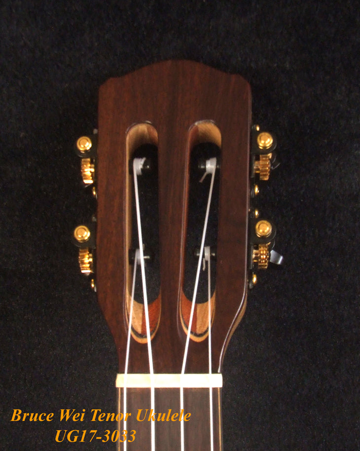 Handmade Tenor Ukulele Solid Splated Maple, Zebra Wood, MOP Inlay, Slotted Head, Soft-bag, Bruce Wei UG17-3033