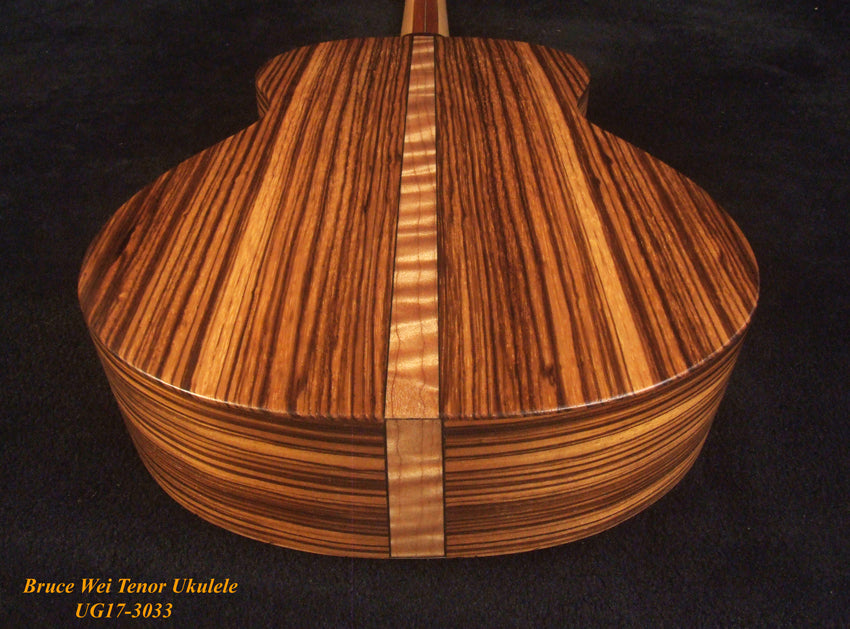 Handmade Tenor Ukulele Solid Splated Maple, Zebra Wood, MOP Inlay, Slotted Head, Soft-bag, Bruce Wei UG17-3033