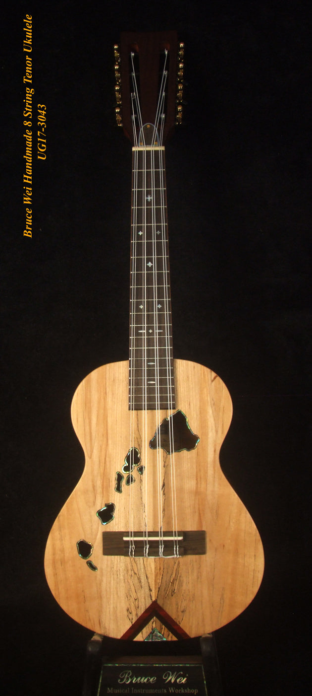 Handmade 8 String Tenor Ukulele, Solid Spalted Maple, Acacia, The Islands Soundhole, Soft-bag, Bruce Wei UG17-3043