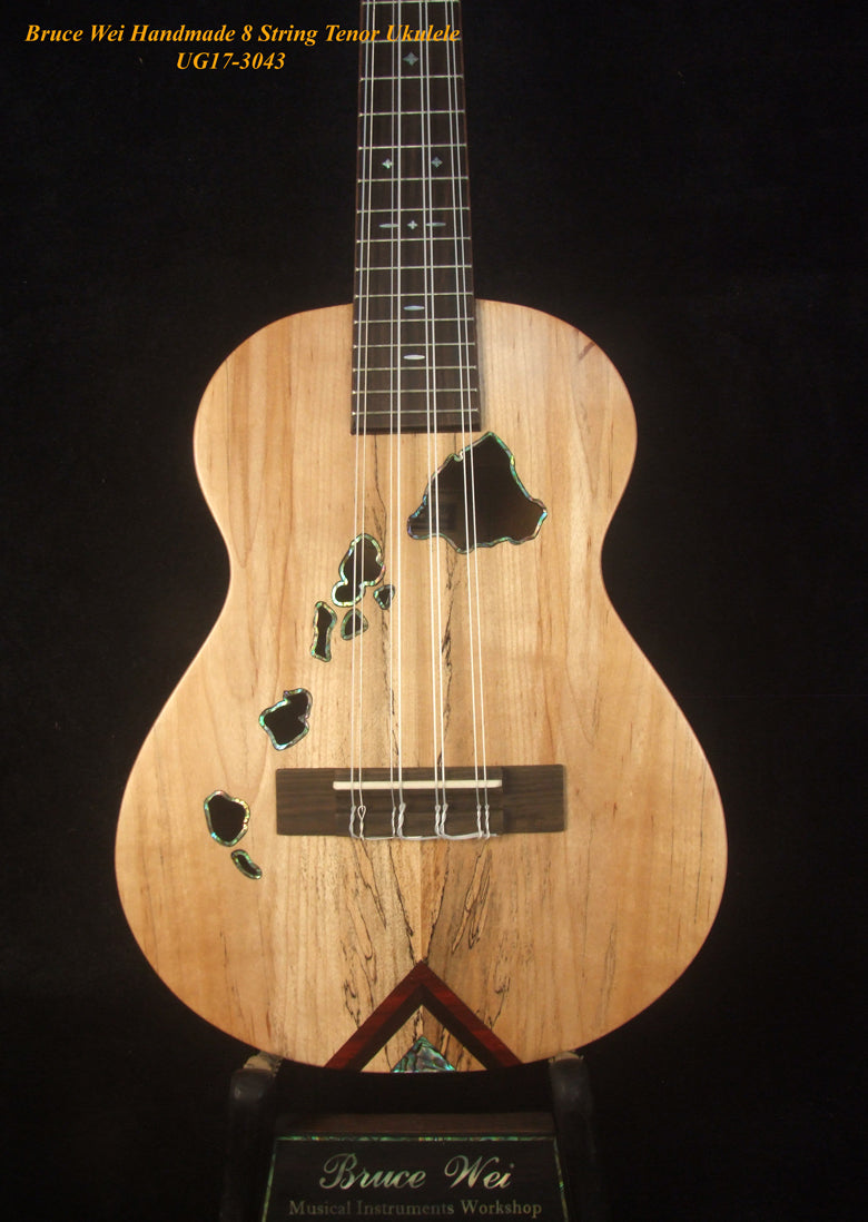 Handmade 8 String Tenor Ukulele, Solid Spalted Maple, Acacia, The Islands Soundhole, Soft-bag, Bruce Wei UG17-3043