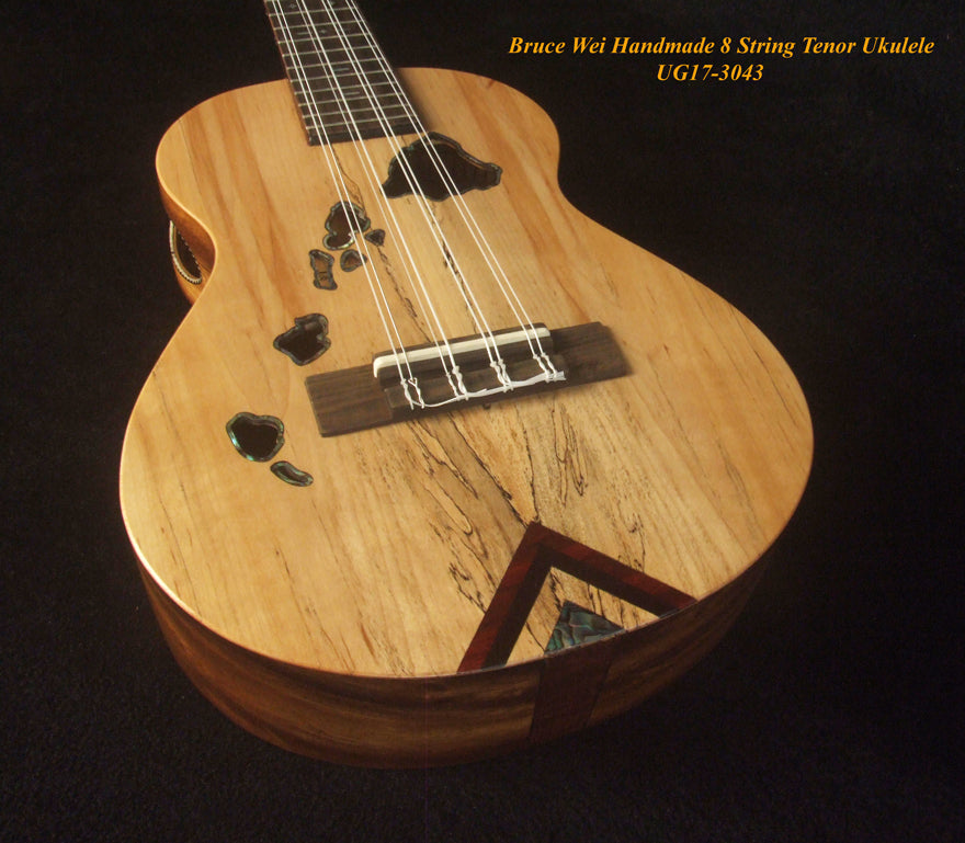 Handmade 8 String Tenor Ukulele, Solid Spalted Maple, Acacia, The Islands Soundhole, Soft-bag, Bruce Wei UG17-3043