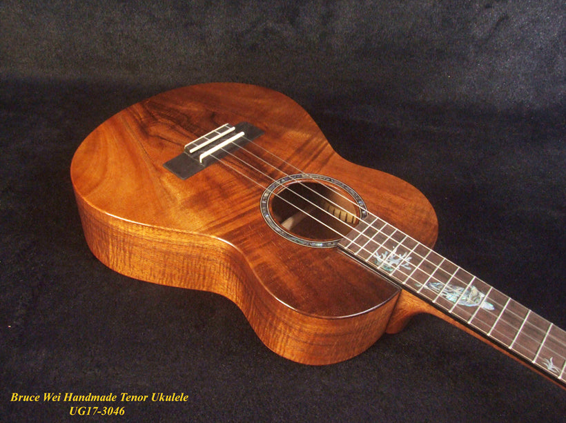 Handmade Tenor Ukulele Solid Curly Hawaiian Koa, Turtle Inlay, Kula Fishman Pickup, Worth Strings, Soft-bag, Bruce Wei UG17-3046