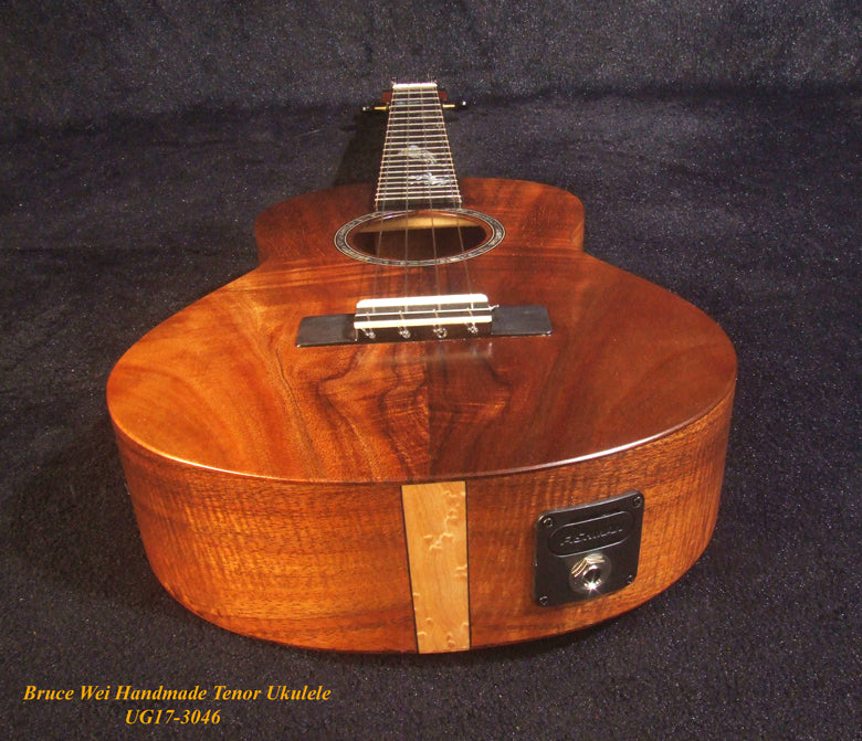 Handmade Tenor Ukulele Solid Curly Hawaiian Koa, Turtle Inlay, Kula Fishman Pickup, Worth Strings, Soft-bag, Bruce Wei UG17-3046