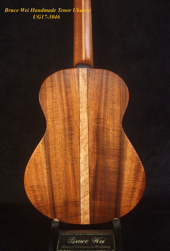 Handmade Tenor Ukulele Solid Curly Hawaiian Koa, Turtle Inlay, Kula Fishman Pickup, Worth Strings, Soft-bag, Bruce Wei UG17-3046