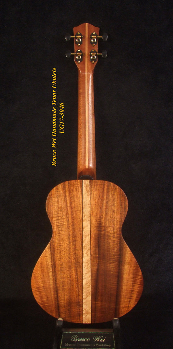Handmade Tenor Ukulele Solid Curly Hawaiian Koa, Turtle Inlay, Kula Fishman Pickup, Worth Strings, Soft-bag, Bruce Wei UG17-3046