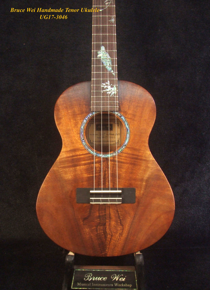 Handmade Tenor Ukulele Solid Curly Hawaiian Koa, Turtle Inlay, Kula Fishman Pickup, Worth Strings, Soft-bag, Bruce Wei UG17-3046