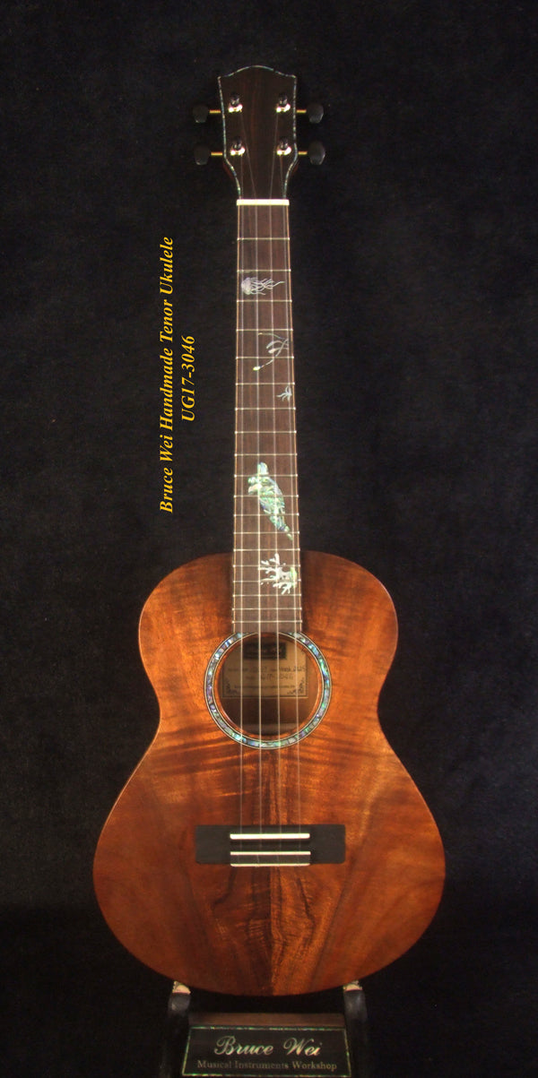 Handmade Tenor Ukulele Solid Curly Hawaiian Koa, Turtle Inlay, Kula Fishman Pickup, Worth Strings, Soft-bag, Bruce Wei UG17-3046