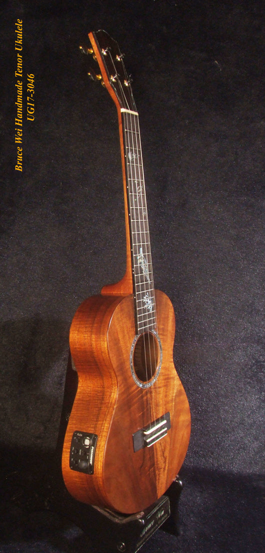 Handmade Tenor Ukulele Solid Curly Hawaiian Koa, Turtle Inlay, Kula Fishman Pickup, Worth Strings, Soft-bag, Bruce Wei UG17-3046