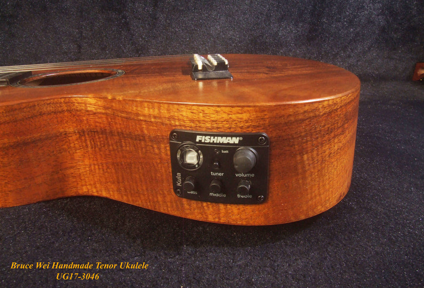 Handmade Tenor Ukulele Solid Curly Hawaiian Koa, Turtle Inlay, Kula Fishman Pickup, Worth Strings, Soft-bag, Bruce Wei UG17-3046