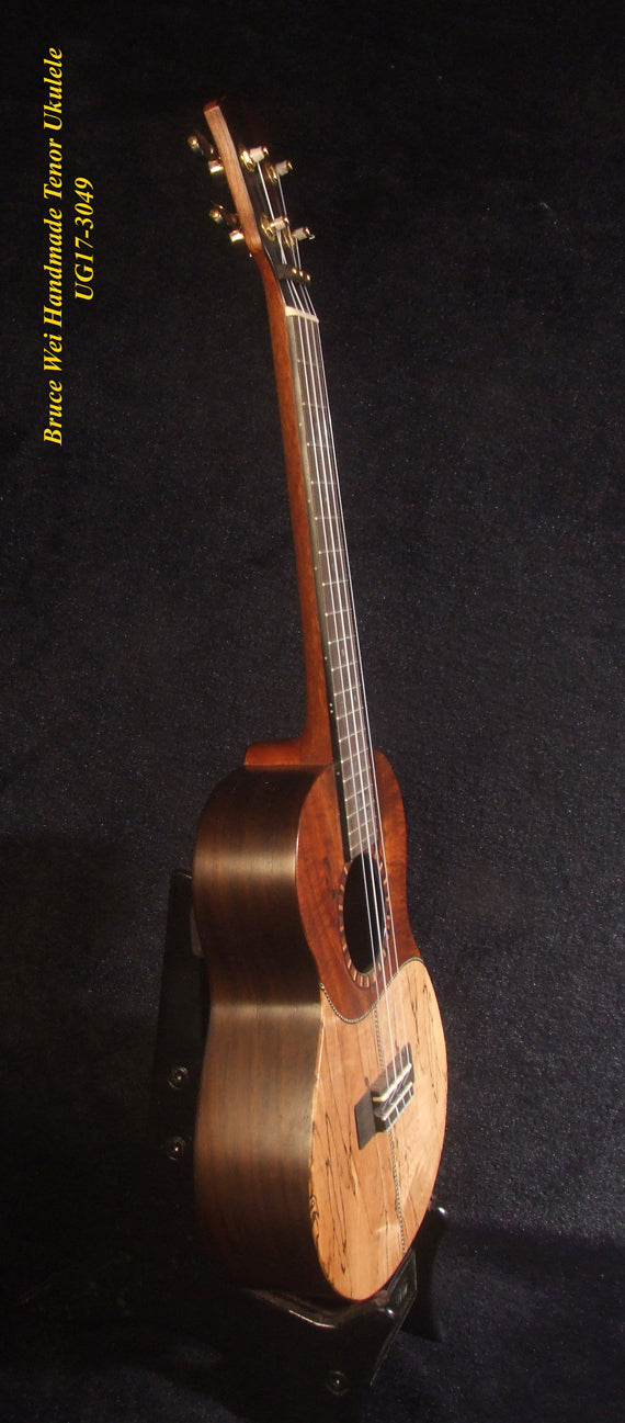 Handmade Tenor Ukulele, Solid Spalted Maple, Indian Rosewood, Soft-bag, Bruce Wei UG17-3049