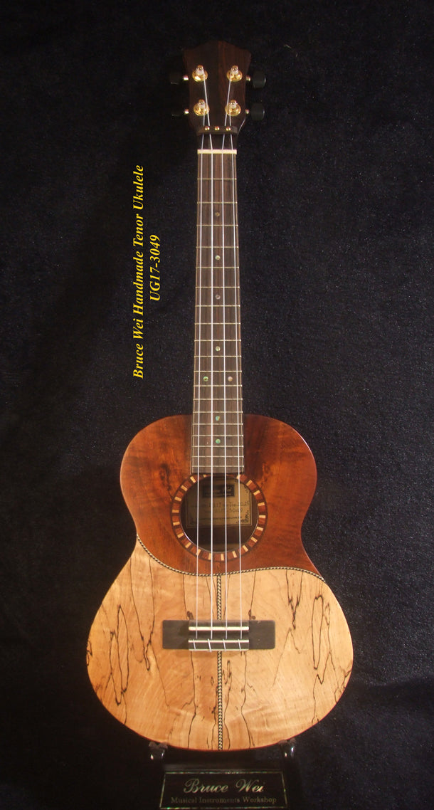 Handmade Tenor Ukulele, Solid Spalted Maple, Indian Rosewood, Soft-bag, Bruce Wei UG17-3049