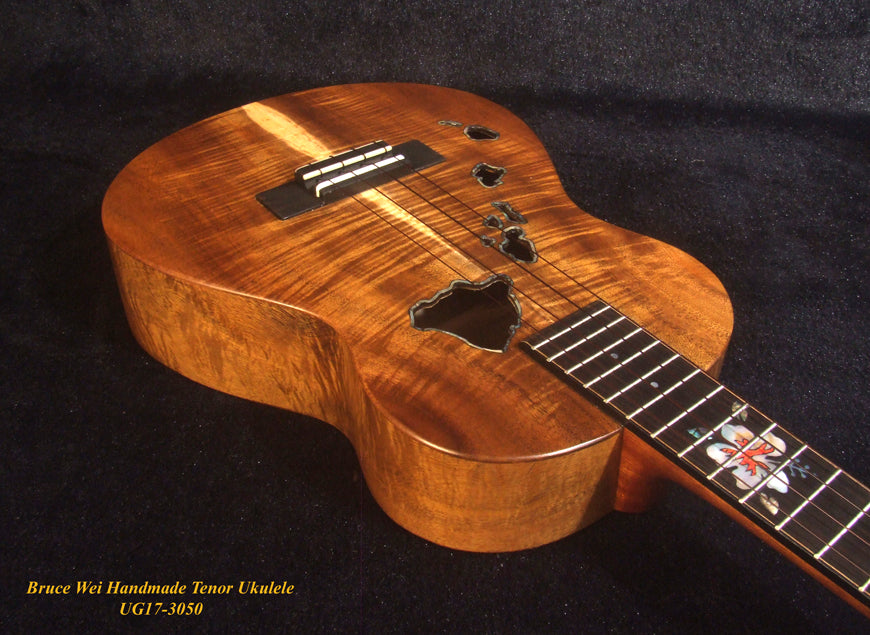 Handmade Tenor Ukulele, Solid Curly Acacia, The Islands Soundhole, Worth Strings, Hibiscus, Soft-bag, Bruce Wei UG17-3050