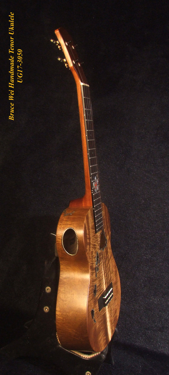 Handmade Tenor Ukulele, Solid Curly Acacia, The Islands Soundhole, Worth Strings, Hibiscus, Soft-bag, Bruce Wei UG17-3050