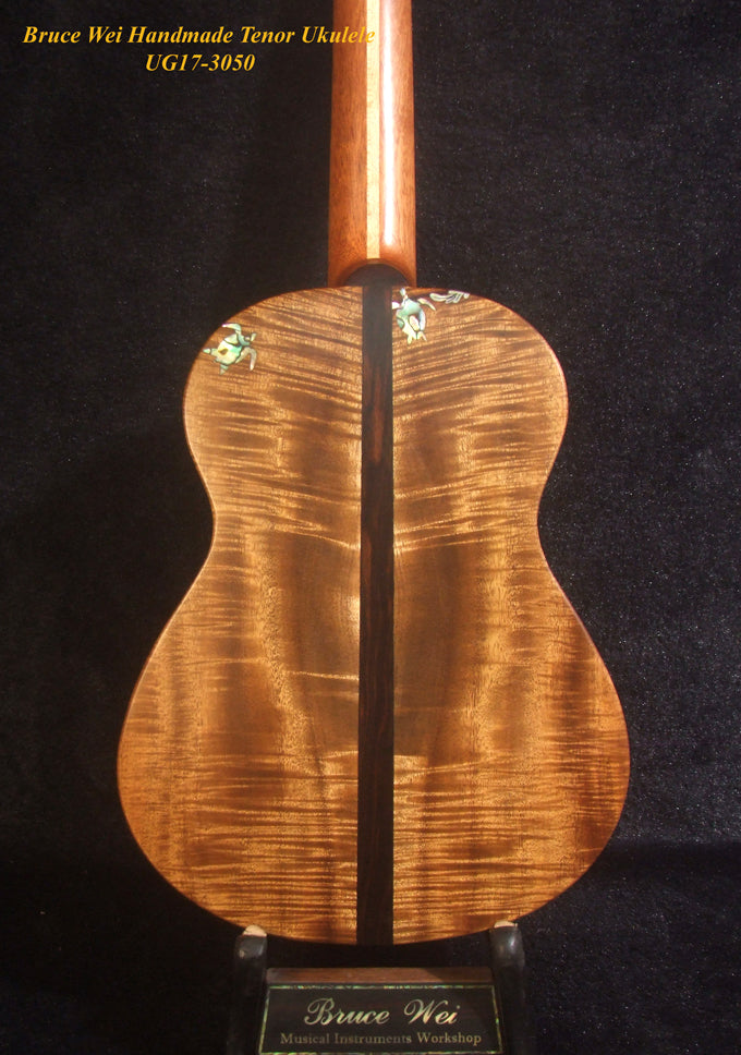 Handmade Tenor Ukulele, Solid Curly Acacia, The Islands Soundhole, Worth Strings, Hibiscus, Soft-bag, Bruce Wei UG17-3050