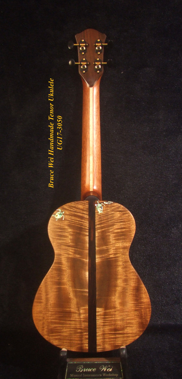 Handmade Tenor Ukulele, Solid Curly Acacia, The Islands Soundhole, Worth Strings, Hibiscus, Soft-bag, Bruce Wei UG17-3050