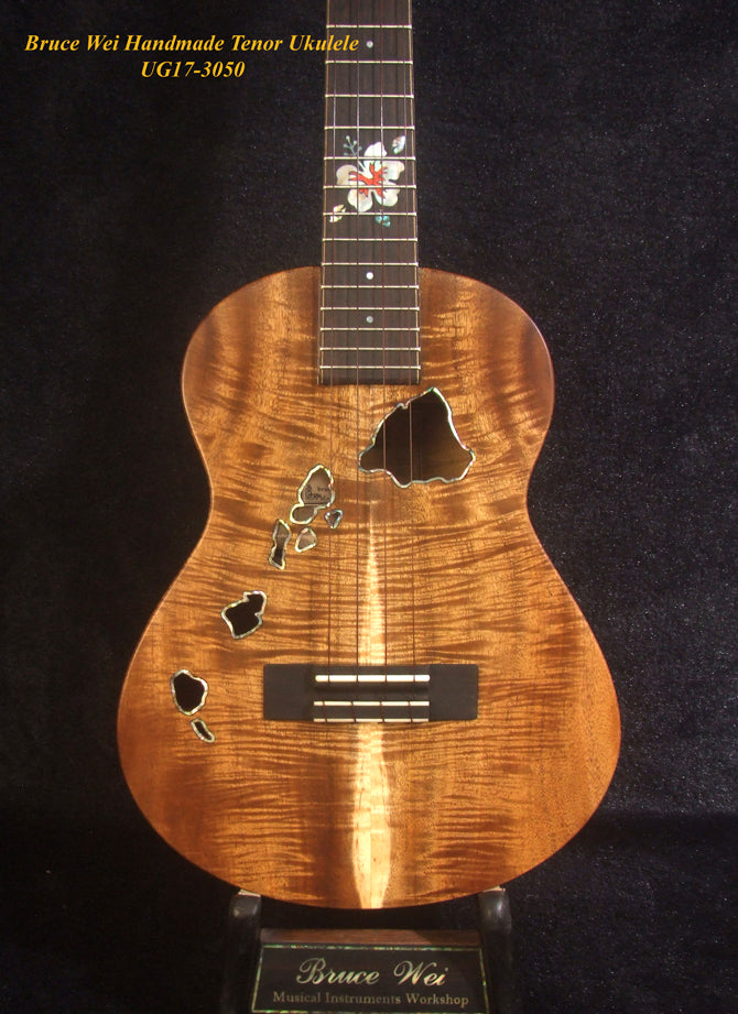Handmade Tenor Ukulele, Solid Curly Acacia, The Islands Soundhole, Worth Strings, Hibiscus, Soft-bag, Bruce Wei UG17-3050