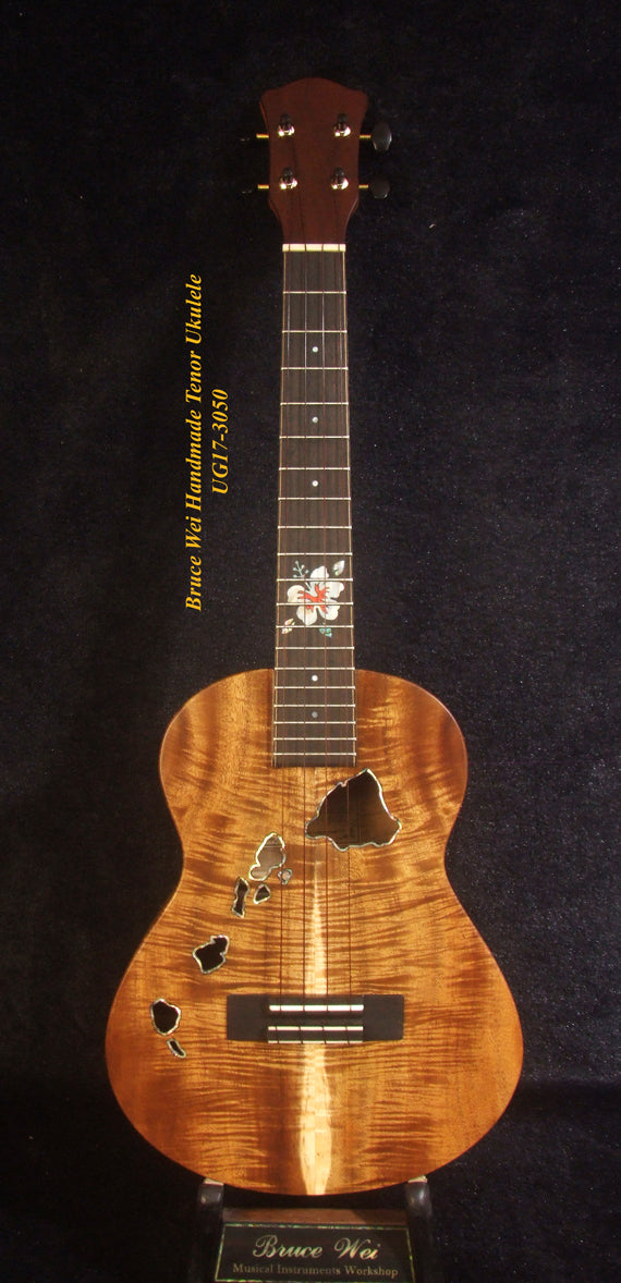 Handmade Tenor Ukulele, Solid Curly Acacia, The Islands Soundhole, Worth Strings, Hibiscus, Soft-bag, Bruce Wei UG17-3050