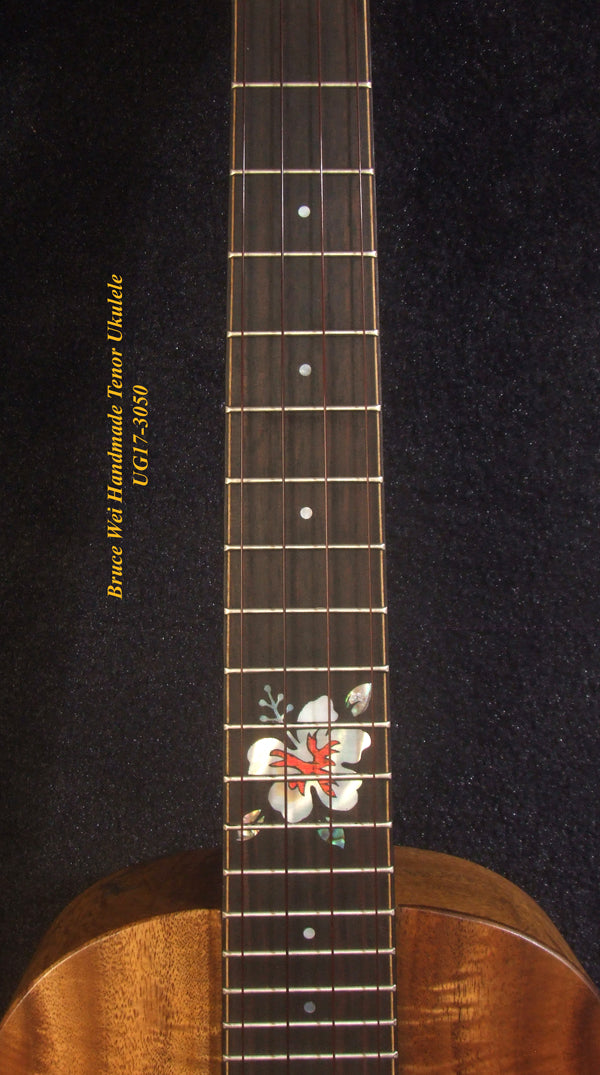 Handmade Tenor Ukulele, Solid Curly Acacia, The Islands Soundhole, Worth Strings, Hibiscus, Soft-bag, Bruce Wei UG17-3050