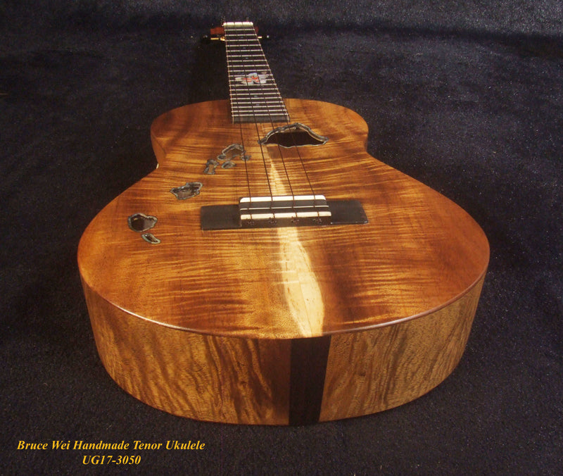 Handmade Tenor Ukulele, Solid Curly Acacia, The Islands Soundhole, Worth Strings, Hibiscus, Soft-bag, Bruce Wei UG17-3050