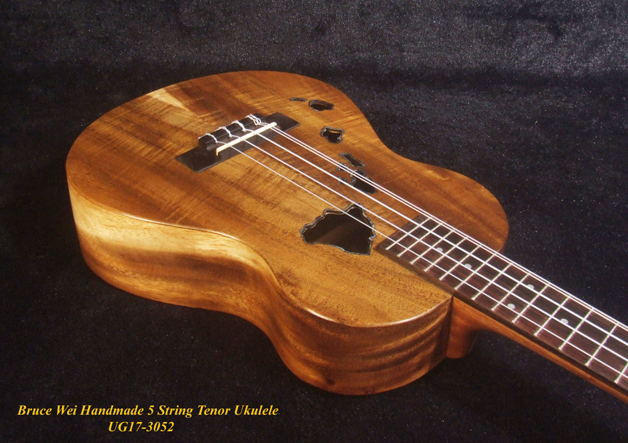 Handcrafted 5 String Tenor Ukulele, Solid Curly Acacia & Bocote, The Islands Soundhole, Soft-bag, Bruce Wei UG17-3052