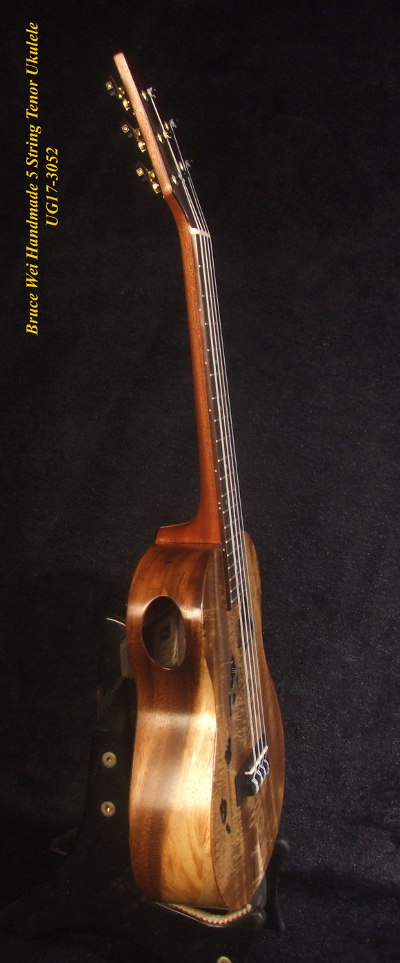 Handcrafted 5 String Tenor Ukulele, Solid Curly Acacia & Bocote, The Islands Soundhole, Soft-bag, Bruce Wei UG17-3052