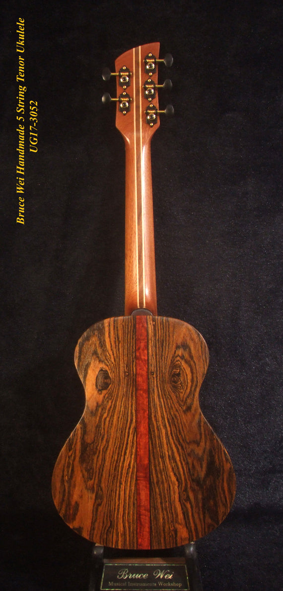 Handcrafted 5 String Tenor Ukulele, Solid Curly Acacia & Bocote, The Islands Soundhole, Soft-bag, Bruce Wei UG17-3052