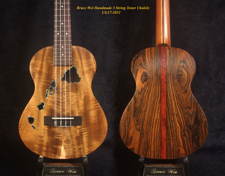 Handcrafted 5 String Tenor Ukulele, Solid Curly Acacia & Bocote, The Islands Soundhole, Soft-bag, Bruce Wei UG17-3052