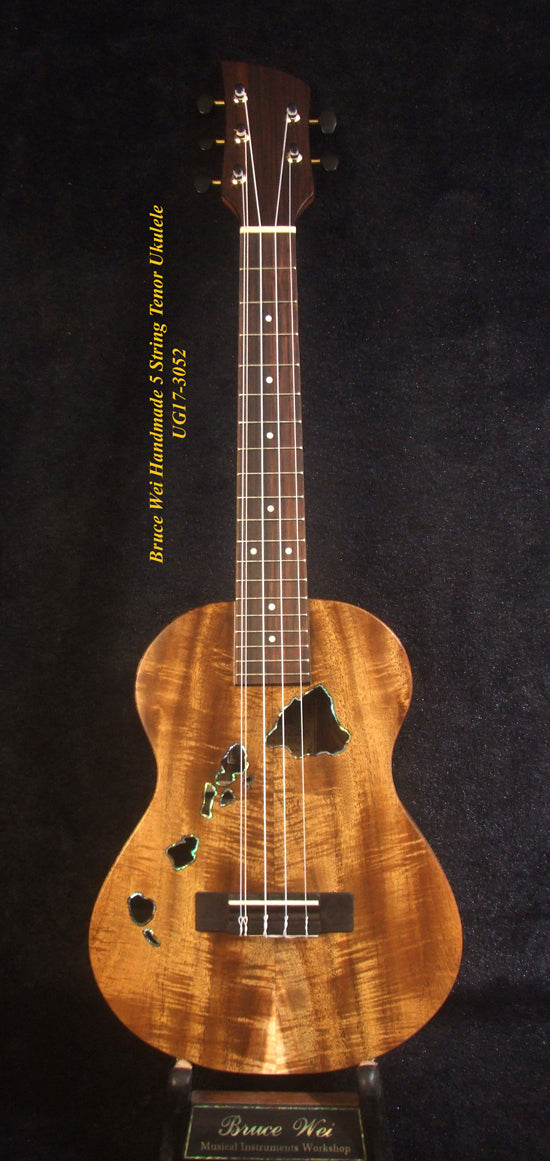 Handcrafted 5 String Tenor Ukulele, Solid Curly Acacia & Bocote, The Islands Soundhole, Soft-bag, Bruce Wei UG17-3052