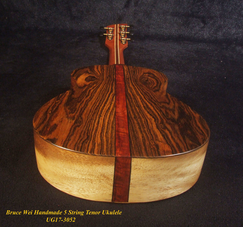 Handcrafted 5 String Tenor Ukulele, Solid Curly Acacia & Bocote, The Islands Soundhole, Soft-bag, Bruce Wei UG17-3052